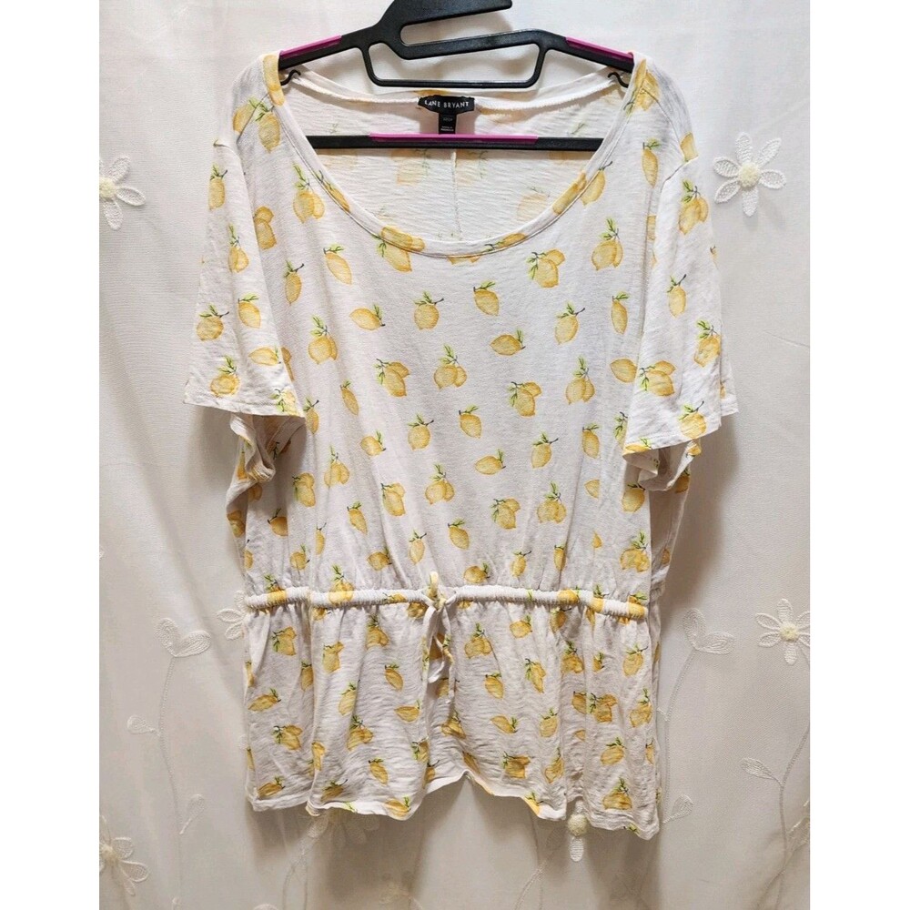 LANE BRYANT WOMANS 22/24 LEMON PRINTED CINCHED WAIST TUNIC BLOUSE SUMMER CITRUS